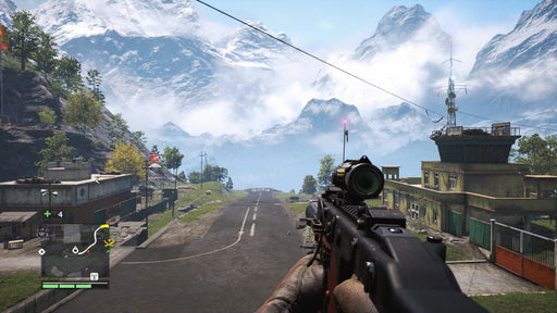 Far Cry 4 Xbox One gameplay screenshot showcasing a first-person perspective aiming with a scoped rifle at an open road leading to a military outpost, set against breathtaking Himalayan mountains. Get your digital CD Key for Xbox One at RushGame.co and experience this open-world shooter