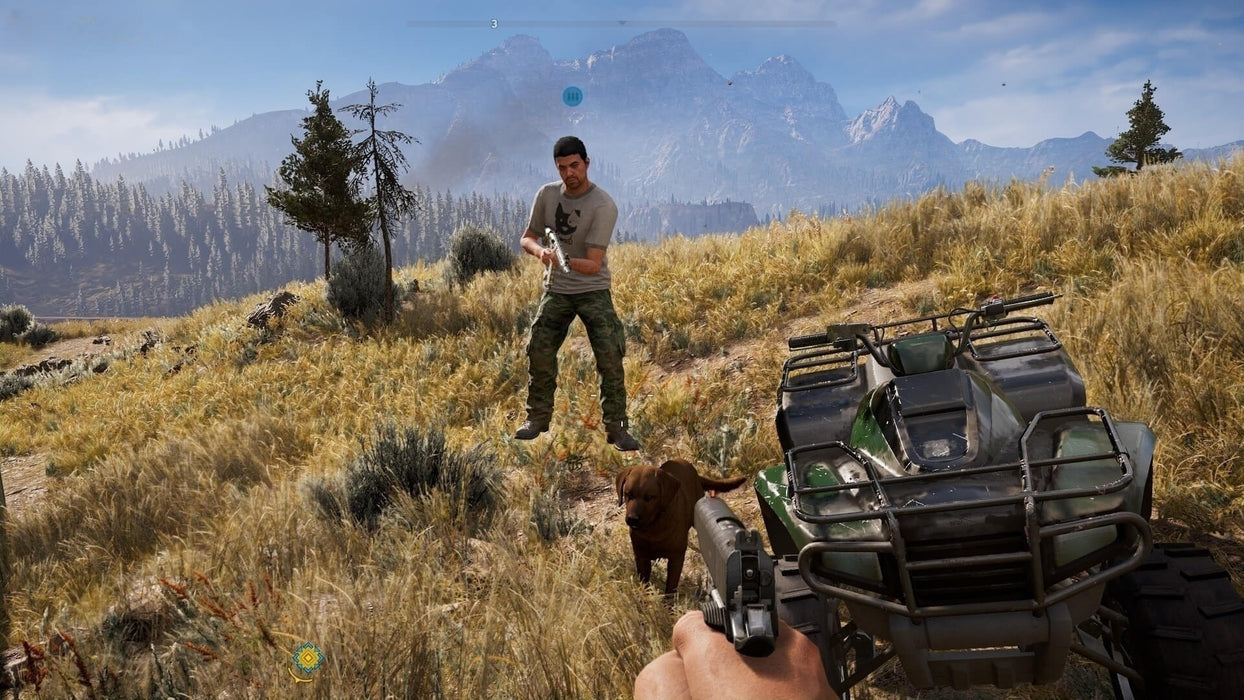 Gameplay screenshot - Open-world exploration in Far Cry 5 for PC, featuring a player encountering an armed NPC and a loyal dog companion beside an ATV in the vast Montana wilderness. Secure your Ubisoft Connect CD Key NA at RushGame.co and build your resistance against Eden’s Gate.