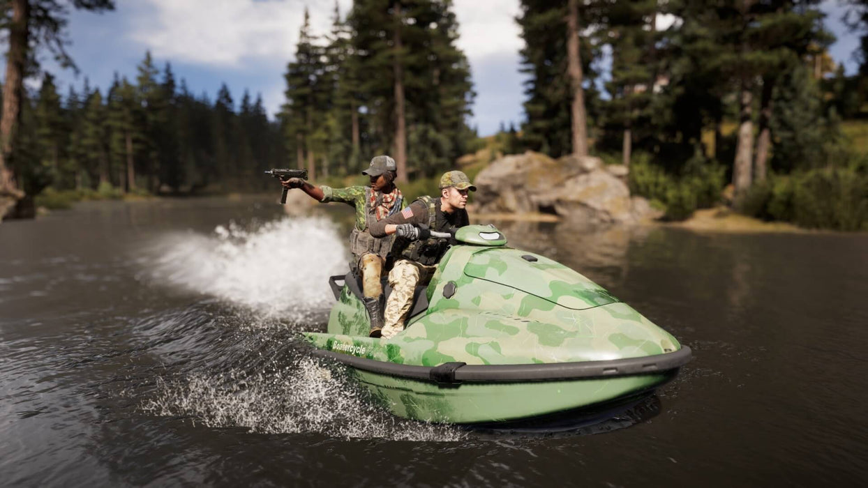 Far Cry 5 PC gameplay screenshot showing two armed soldiers riding a military-style jet ski through a river, with one firing a submachine gun. Get your Ubisoft Connect CD Key NA at RushGame.co and experience intense co-op action in Hope County