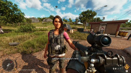 In-game screenshot from Far Cry 6 on Xbox, showing the protagonist interacting with a female guerrilla fighter in a lush, open-world environment. Experience intense combat and storytelling—buy your digital game key at RushGame.co