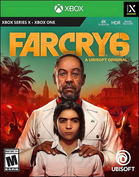 Official cover art for Far Cry 6 on Xbox One and Xbox Series X|S, featuring the game's antagonist Anton Castillo and his son Diego. Get your digital activation key now at RushGame.co and dive into the revolution