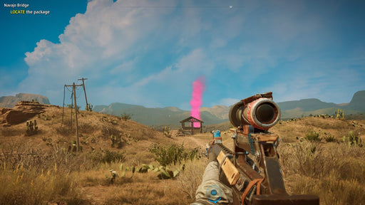 Far Cry: New Dawn gameplay - sniper aiming at a distant house with a pink smoke signal – A player aims a scoped rifle at a distant shack with pink smoke rising in Far Cry: New Dawn, set in a vast, desolate landscape. Secure your Xbox One activation key for Far Cry: New Dawn at RushGame.co