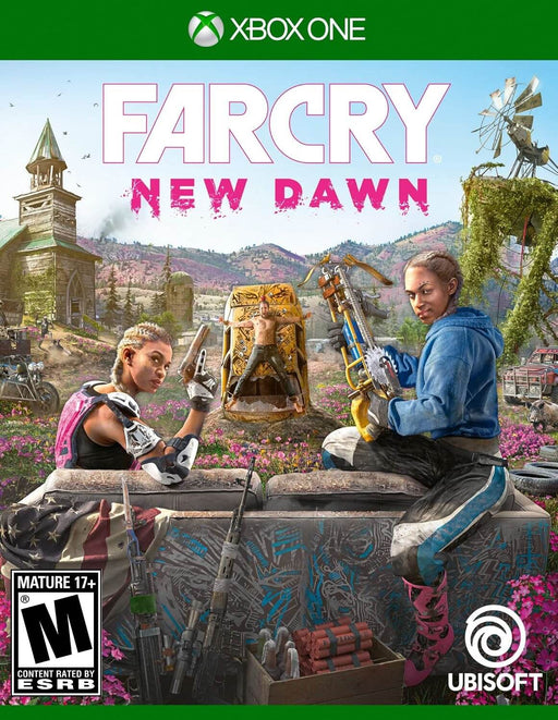 The official cover of Far Cry: New Dawn for Xbox One, featuring the game's antagonists, the Twins, in a post-apocalyptic landscape filled with vibrant pink flowers and a makeshift throne. Buy your Far Cry: New Dawn Xbox One CD Key now at RushGame.co for instant delivery