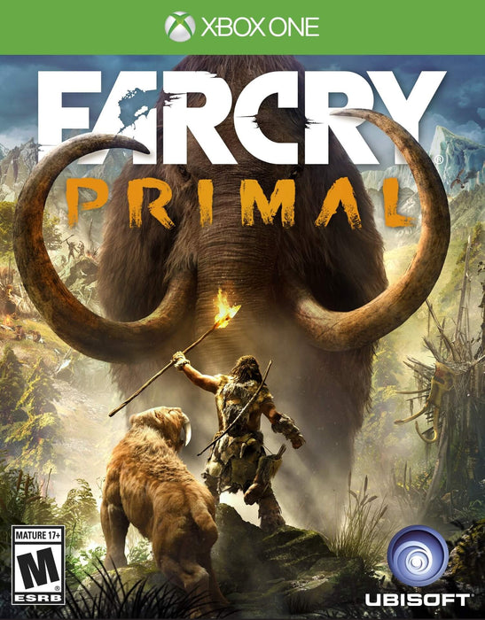 Official cover art for Far Cry Primal on Xbox One, featuring a prehistoric warrior facing a giant woolly mammoth with a torch and spear, alongside a saber-toothed tiger. Get your digital game key now at RushGame.co and step into the Stone Age