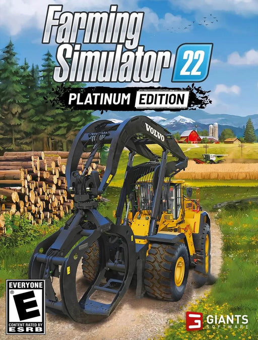 Official cover of Farming Simulator 22 - Platinum Edition for PC Steam, featuring a Volvo L200H high-lift loader in a vibrant countryside setting with logging operations in the background. Expand your farming experience—buy your Steam CD Key instantly at RushGame.co