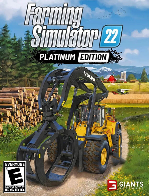 Official cover of Farming Simulator 22 - Platinum Edition for PC Steam, featuring a Volvo L200H high-lift loader in a vibrant countryside setting with logging operations in the background. Expand your farming experienceâbuy your Steam CD Key instantly at RushGame.co