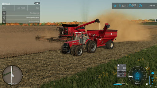 In-Game Screenshot 1 - Screenshot from Farming Simulator 22 on Xbox One & Series X/S, showing a powerful harvester operating in a golden wheat field during harvest season. Buy your Xbox game key today at RushGame.co