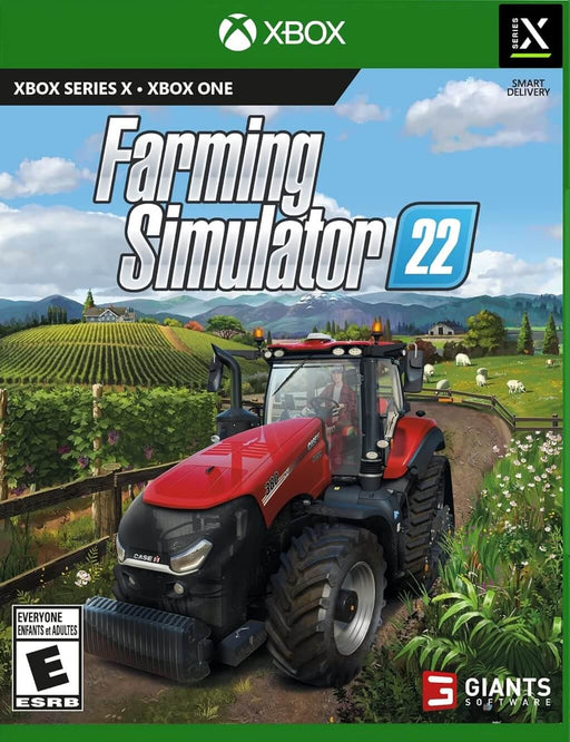 Official cover art of Farming Simulator 22 for Xbox One and Xbox Series X/S, featuring a red Case IH tractor in a scenic countryside landscape. Get your digital game key now at RushGame.co