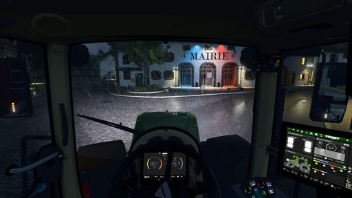 (Rainy night driving) gameplay screenshot - First-person view from inside a Fendt tractor driving through a European village in Farming Simulator 25 during a rainy night. Experience realistic weather effects and farming simulationâbuy your digital Steam key now at RushGame.co
