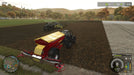 Fieldwork with machinery - gameplay screenshot: A detailed in-game scene from Farming Simulator 25, showcasing a large red Bredal spreader and a black tractor cultivating the land. Enjoy authentic farming gameplay—get your PC Steam CD Key today at RushGame.co