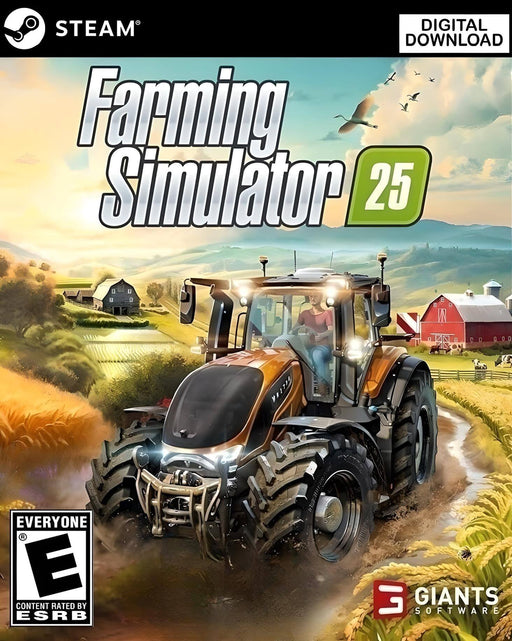 Official cover of Farming Simulator 25 for PC Steam, featuring a modern Valtra tractor driving through a golden wheat field with a scenic farm landscape in the background. Get your digital Steam key now at RushGame.co