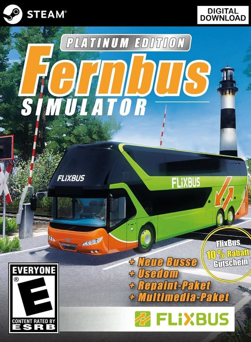 Official cover of Fernbus Simulator Platinum Edition for PC Steam, featuring a FlixBus coach driving past a railway crossing with a lighthouse in the background. Experience long-distance bus simulation—get your Steam CD Key now at RushGame.co