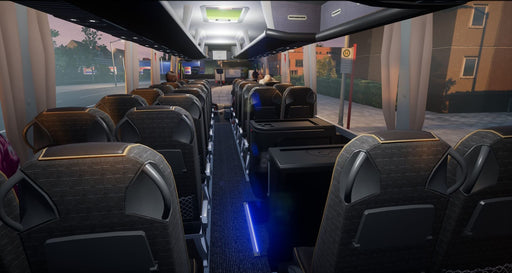 Interior of a luxury coach bus) gameplay screenshot 
"A detailed view of the interior of a modern coach bus in Fernbus Simulator, showcasing realistic seats, lighting, and passenger immersion. Drive across Europeâget your digital Steam key today at RushGame.co