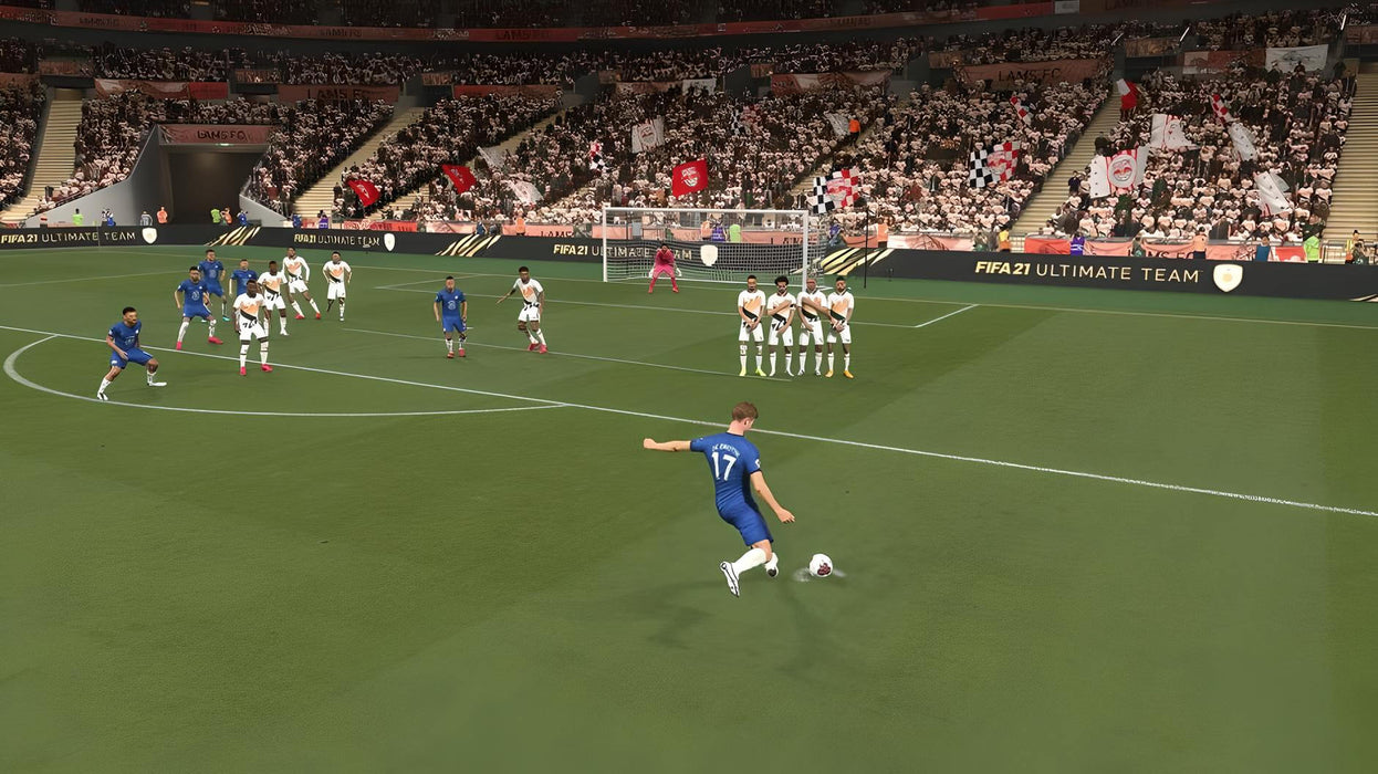 FIFA 21 Gameplay Screenshot – Free Kick in Ultimate Team Mode

"A Chelsea player takes a free kick in FIFA 21 Ultimate Team on PC (Origin EA Play), highlighting advanced shot mechanics and stunning stadium visuals. Get your FIFA 21 digital key instantly at RushGame.co