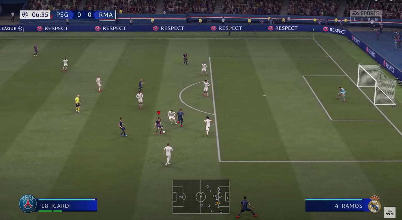 FIFA 21 Gameplay Screenshot – UEFA Champions League Match PSG vs. Real Madrid - FIFA 21 PC (Origin EA Play) gameplay screenshot featuring a UEFA Champions League match between PSG and Real Madrid. Play with enhanced AI, realistic dribbling, and improved tactics. Get your FIFA 21 digital code now at RushGame.co