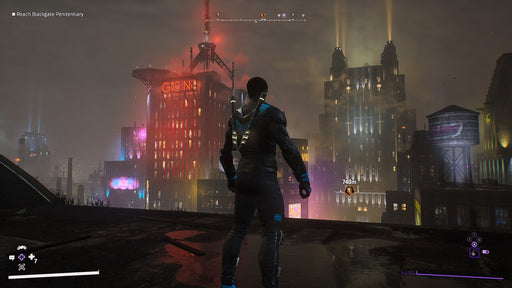 Atmospheric Gotham Knights PC Steam gameplay screenshot with Nightwing surveying the glowing cityscape from a rooftop. Get your Gotham Knights PC Steam CD Key at RushGame.co and step into the role of Gothamâs protectors