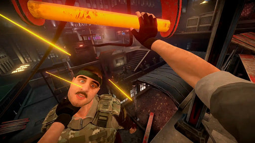 Hard Bullet VR Steam Key – Brutal melee action in a neon-lit city: A tense VR combat scene from Hard Bullet where the player throws an enemy off a platform in a dark urban arena. Experience intense physics-based VR action with instant Steam key delivery at RushGame.co