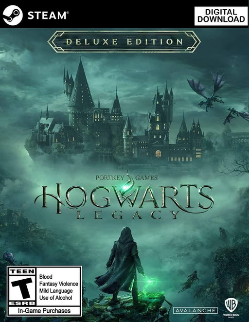 Cover art for Hogwarts Legacy Deluxe Edition on PC Steam, featuring a cloaked wizard holding a glowing green wand overlooking the iconic Hogwarts castle surrounded by mist and flying dragons. Buy your digital CD key now at RushGame.co for instant access to this magical open-world adventure