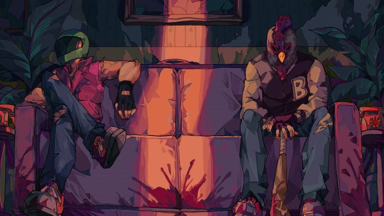 Hotline Miami - Motorcyclist and a man with a rooster mask holding a baseball bat