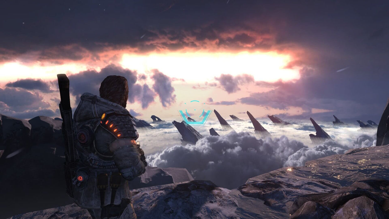 Lost Planet 3 Complete Pack PC steam key, gameplay showing the protagonist standing on a cliff at sunset, overlooking a stunning cloud-filled horizon.