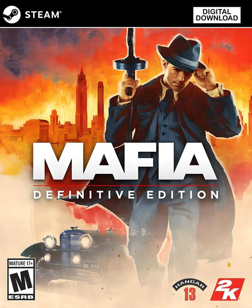 Official cover for Mafia: Definitive Edition on PC Steam, showcasing a classic mobster tipping his hat while holding a tommy gun with a burning city skyline in the background. Get your Mafia: Definitive Edition Steam CD Key now at RushGame.co for a fully remade experience of the original crime saga