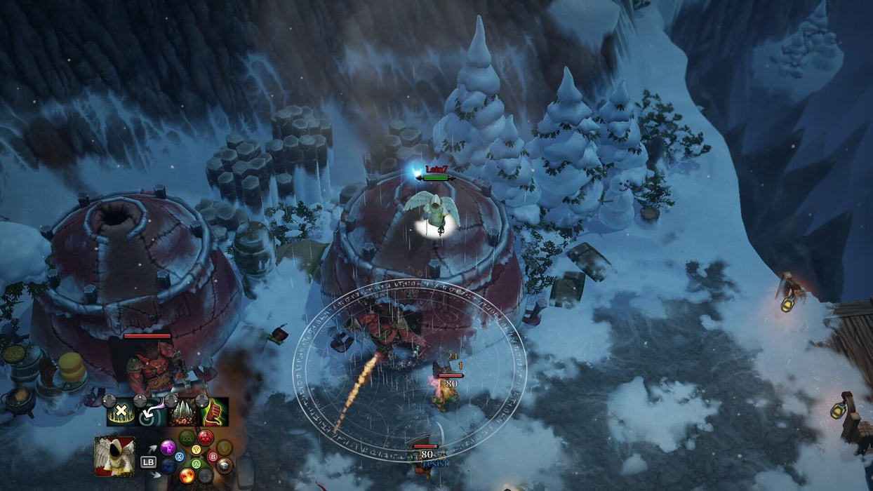 A top-down view of a snowy battlefield in Magicka 2 on Steam, where a powerful wizard battles enemies atop a structure. Get your game key for Magicka 2 at RushGame.co