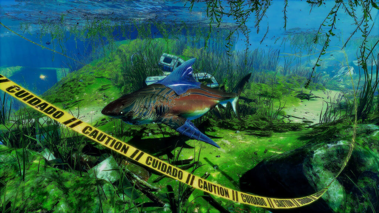 A shark swims through an eerie underwater crime scene covered in caution tape in Maneater on Steam. Immerse yourself in this aquatic adventure and buy your Steam game key at RushGame.co