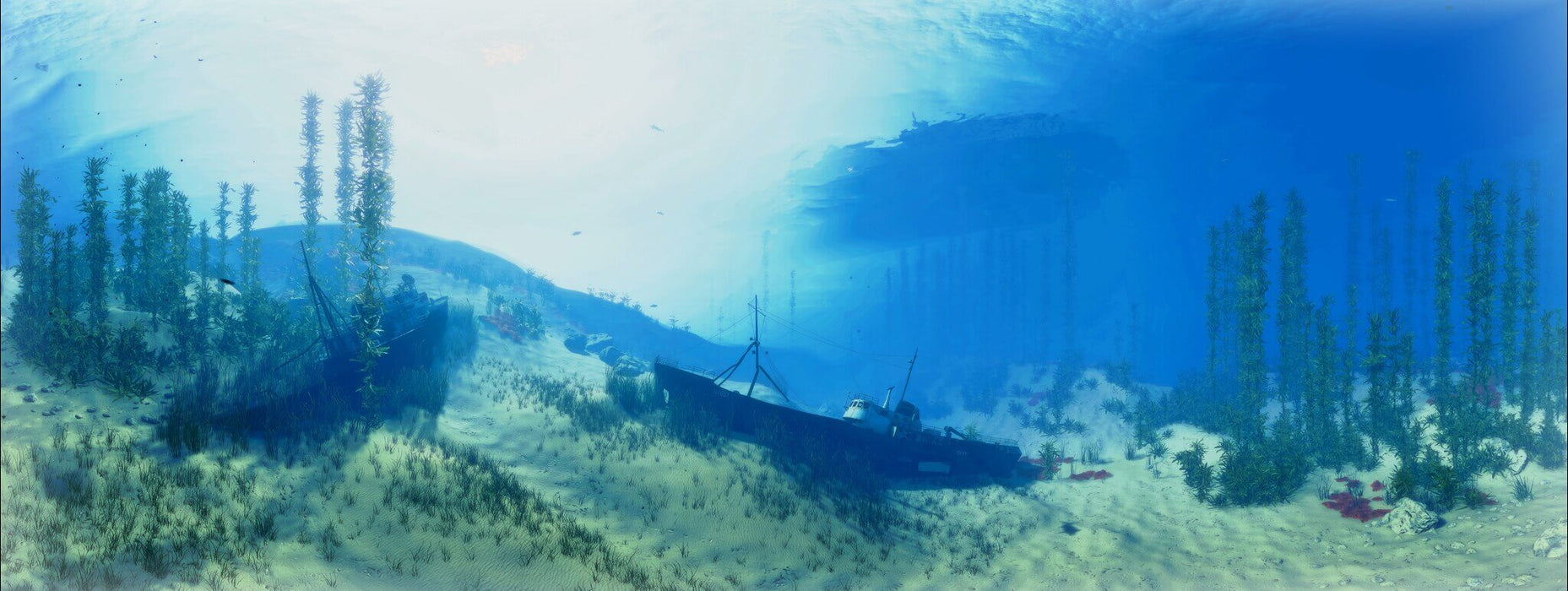 An expansive underwater shipwreck scene in Maneater on Xbox one, showcasing the detailed ocean environment. Explore the depths and grab your Maneater game key from RushGame.co