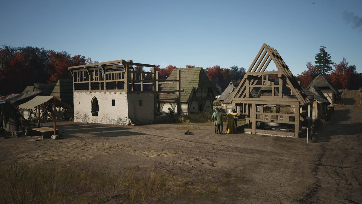 A village under construction in Manor Lords on PC Steam, with scaffolding and half-built structures set against a bright autumn backdrop. Manage resources and build your settlement. Get the best deals for Manor Lords on PC at RushGame.co