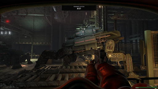 A player inside a dark industrial environment in Marauders on PC Steam, aiming at a large mechanical walker. Buy your Marauders Steam key now at RushGame.co