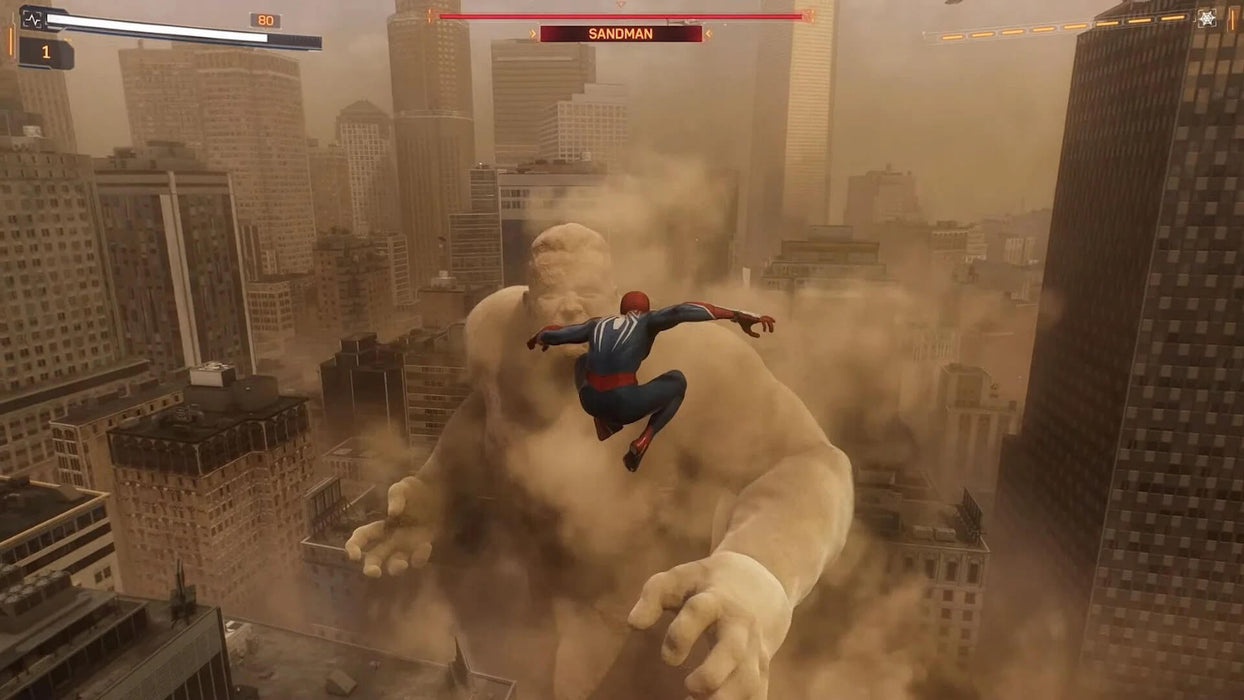 Spider-Man leaps towards a massive Sandman in the middle of a sandstorm over New York City in Marvel's Spider-Man 2 on PS5. Prepare for intense battles and get your PS5 game key at RushGame.co