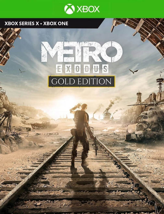 Cover image for Metro Exodus Gold Edition on Xbox One and Xbox Series X, showing a lone survivor walking along a desolate railroad in a post-apocalyptic landscape. Purchase your Xbox digital key now at RushGame.co and embark on a gripping open-world survival journey