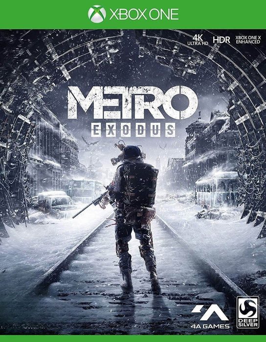 cover art of Metro Exodus for Xbox One, showing a lone survivor with a rifle walking down icy railroad tracks in a post-apocalyptic winter landscape. Purchase your Metro Exodus Xbox One key at RushGame.co and dive into an epic survival shooter in stunning 4K HDR