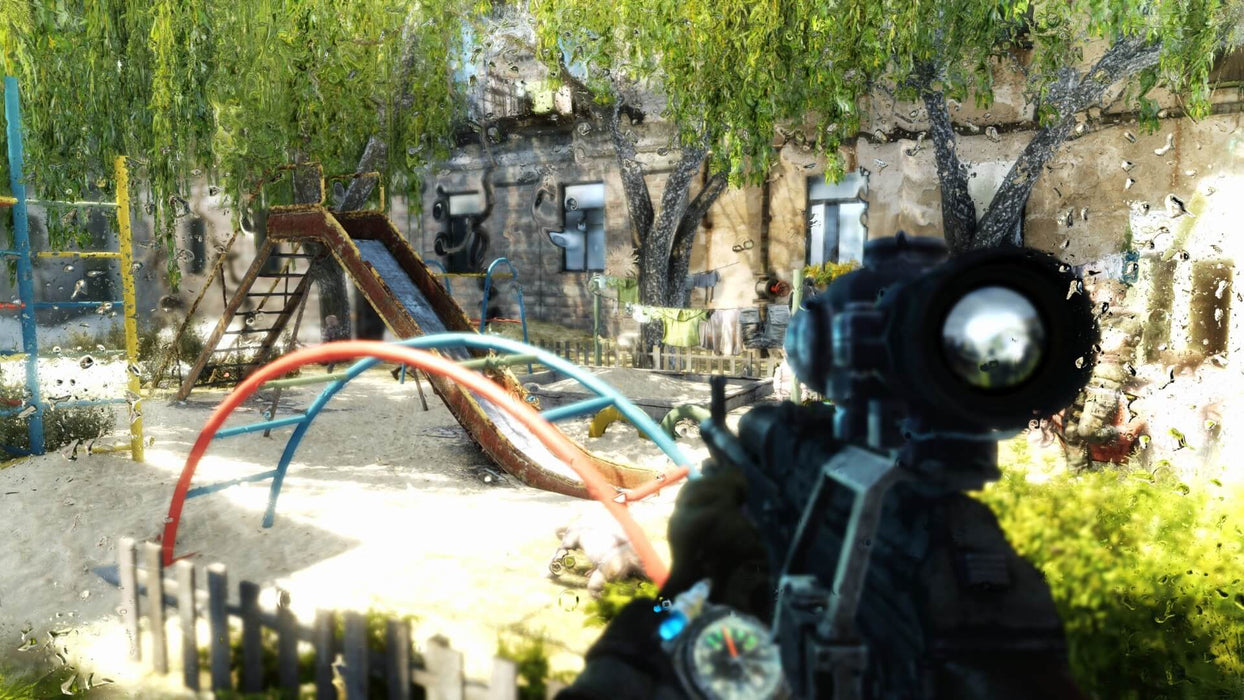 Scene from Metro Last Light Redux, showing an abandoned playground with a visible slide and the player aiming through the rifle scope. Game available for PC Steam at RushGame.co