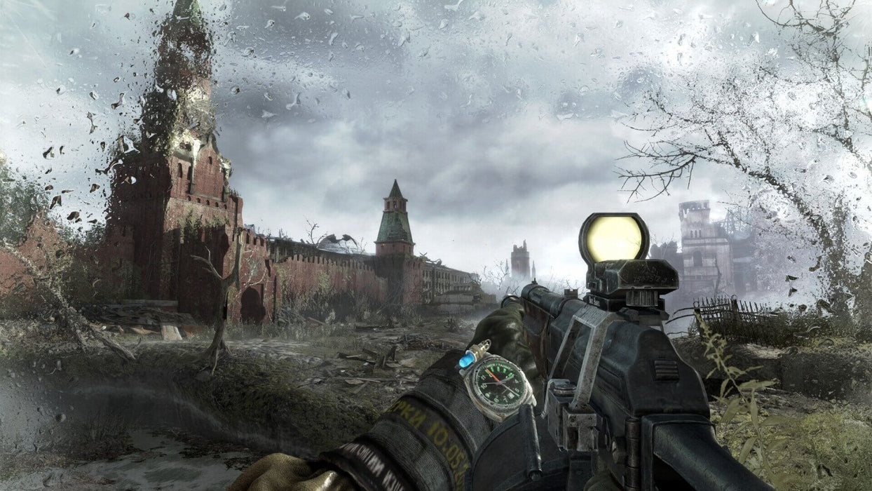 View of Moscow with the ruins of the Kremlin in the background, the player aiming toward destroyed buildings in Metro Last Light Redux Steam code. Discover more on PC Steam at RushGame.co