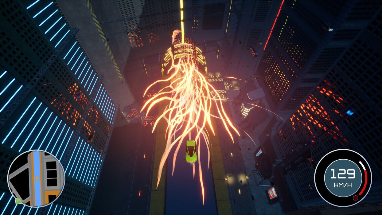 Midnight Legends gameplay image featuring a blazing neon track and a high-speed car dodging obstacles in a cyberpunk city — grab your PC Epic Games CD key today at RushGame.co and join the action