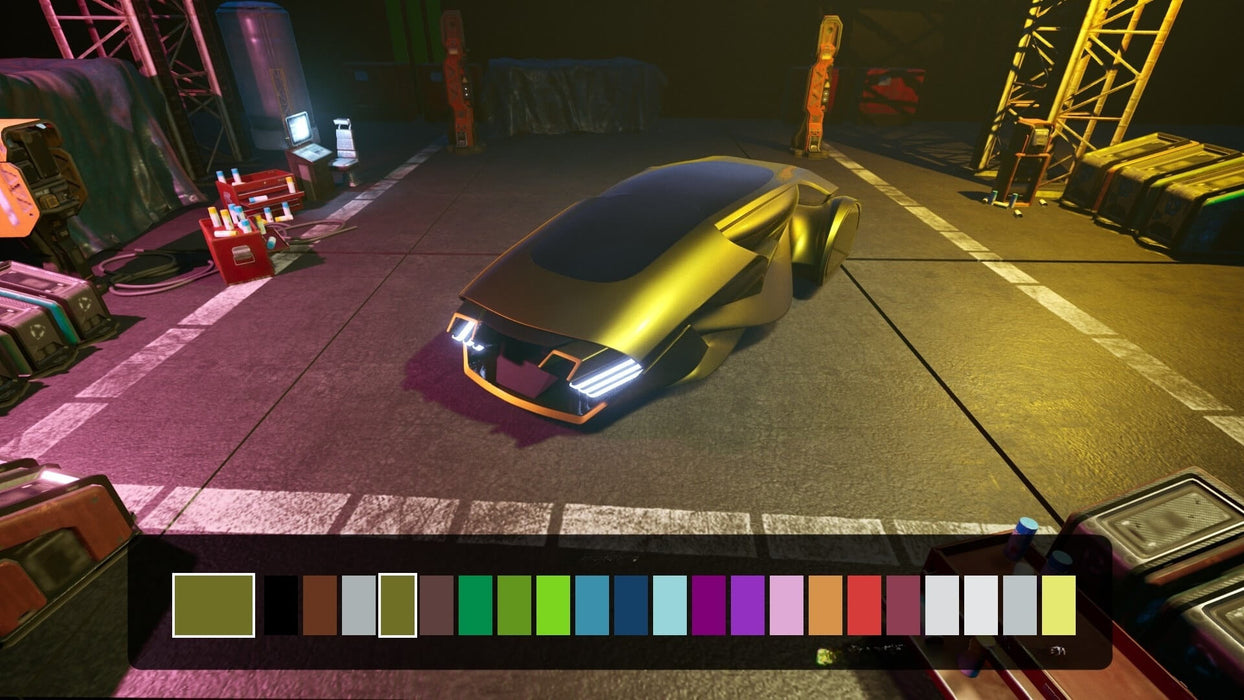 Customization screen from Midnight Legends on PC (Epic Games) showcasing a futuristic vehicle with a wide selection of colors and upgrades — buy your game key instantly at RushGame.co and build your dream ride