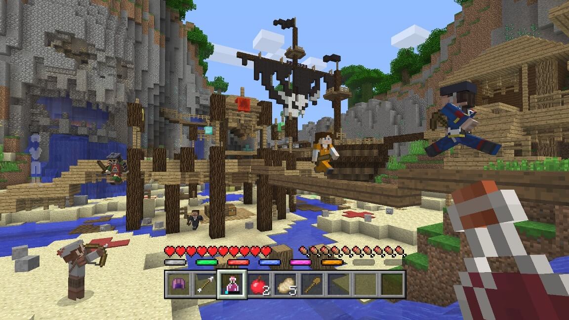 Minecraft: Java and Bedrock Edition gameplay screenshot showing a detailed pirate-themed battle scene with players fighting on a beach near a wooden ship structure. Explore this world by building and crafting. Purchase the game at RushGame.co