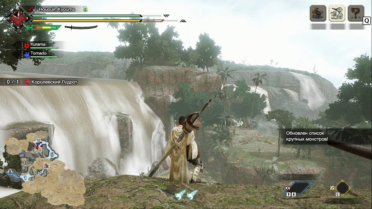 Stunning landscape in Monster Hunter: Rise Deluxe Edition PC: A beautiful landscape in Monster Hunter: Rise Deluxe Edition on PC Steam, showcasing a hunter standing near a waterfall. The detailed environment and expansive map make this an epic questing adventure. Purchase your game key from RushGame.co