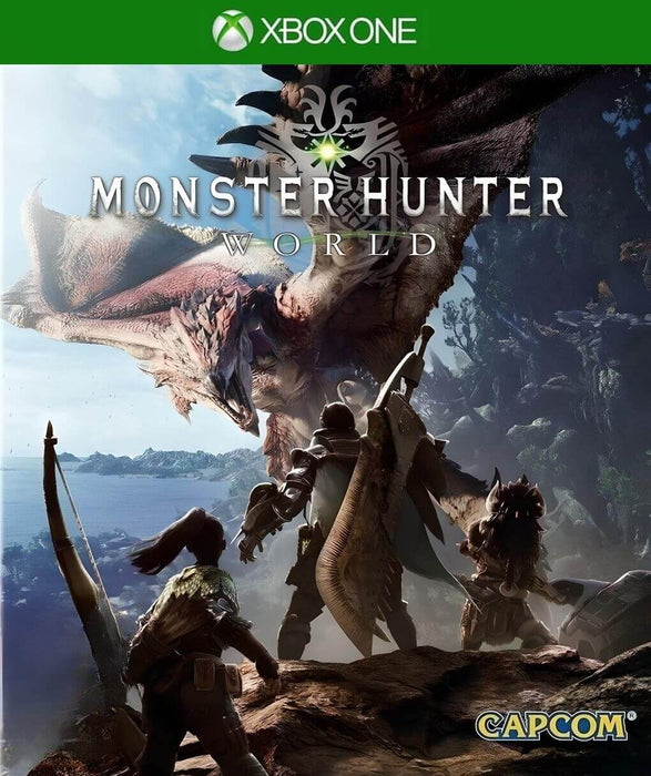 Cover art for Monster Hunter: World on Xbox One, featuring a group of armored hunters facing a massive dragon-like monster in a dense jungle environment. Get your Monster Hunter: World Xbox One CD Key today at RushGame.co and experience thrilling monster battles with fast digital delivery