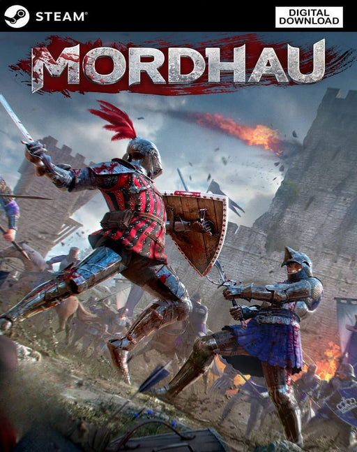 Epic cover art of Mordhau for PC Steam, showcasing intense medieval melee combat between armored knights in a battlefield filled with chaos and fire. Get your Mordhau Steam CD Key now at RushGame.co and join large-scale multiplayer battles in this brutal and realistic sword-fighting game