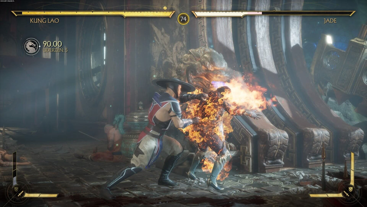 Kung Lao sets his opponent on fire with a fierce attack, demonstrating the visceral and dynamic gameplay of Mortal Kombat 11 Ultimate Edition on PC Steam. Available at RushGame.co