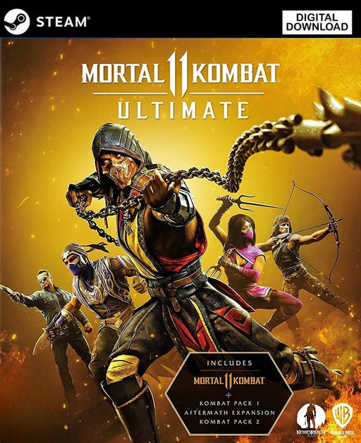 Cover image of Mortal Kombat 11 Ultimate Edition for PC Steam, showcasing Scorpion and other iconic fighters in action against a fiery golden background. Unlock the full MK11 experience with all DLCsâavailable now as an instant digital key at RushGame.co