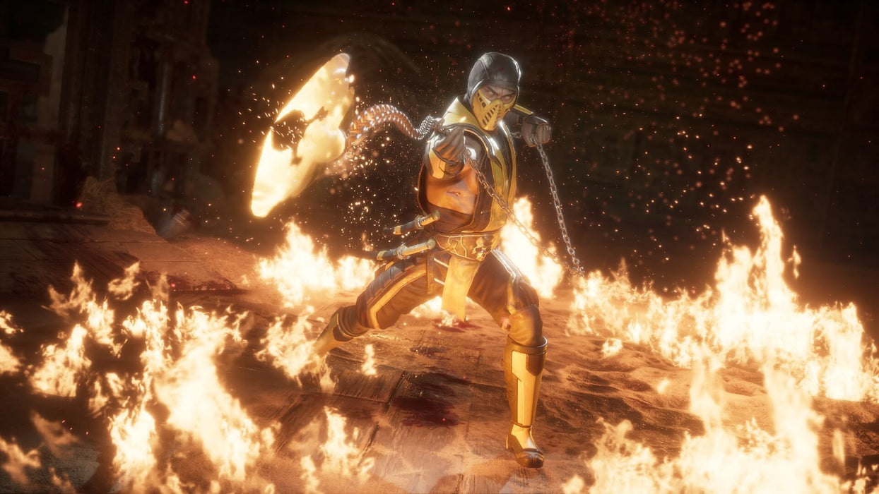 Scorpion unleashes his iconic chain attack in a fiery scene, epitomizing the relentless action of Mortal Kombat 11 Ultimate Edition on Xbox. Available at RushGame.co