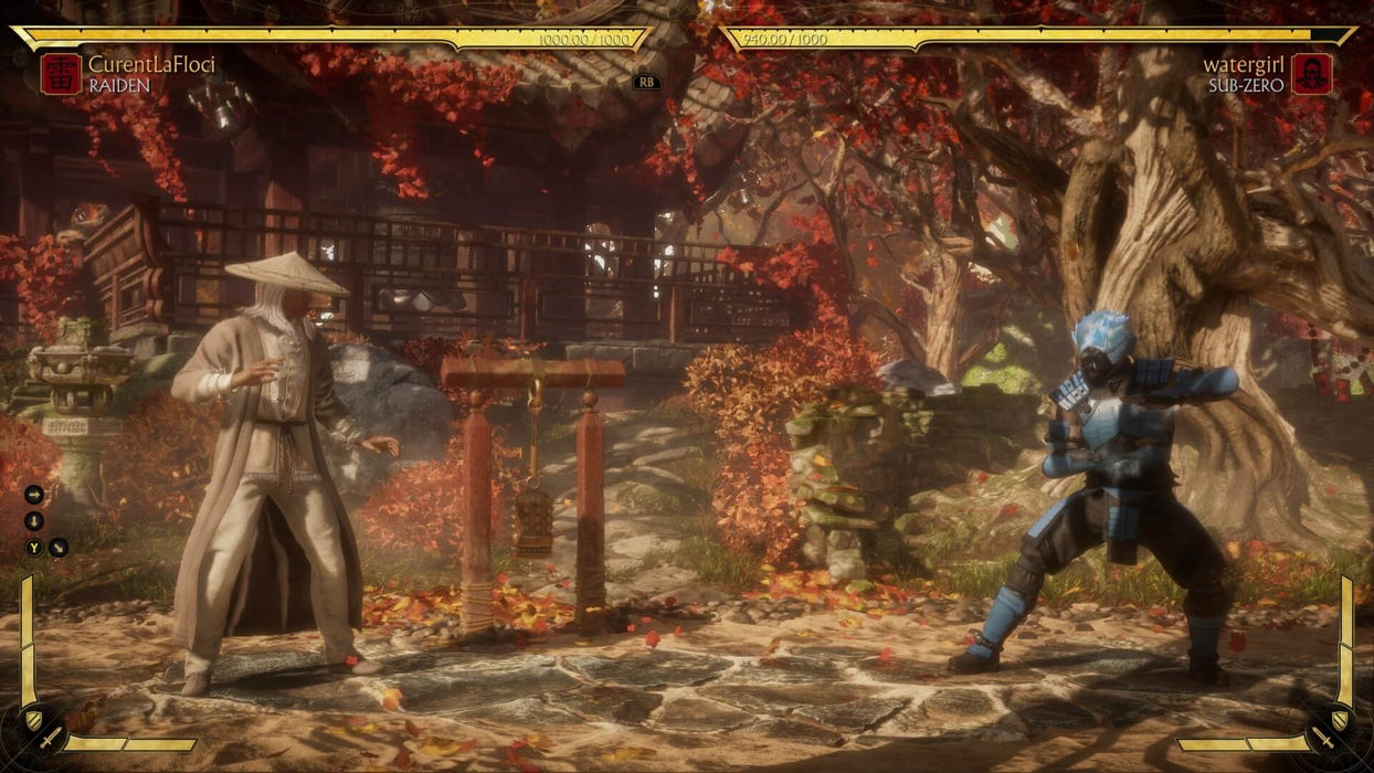 Raiden faces off against Sub-Zero in a scenic autumn forest setting, featuring stunning visuals from Mortal Kombat 11 Ultimate Edition Xbox one key. Available at RushGame.co