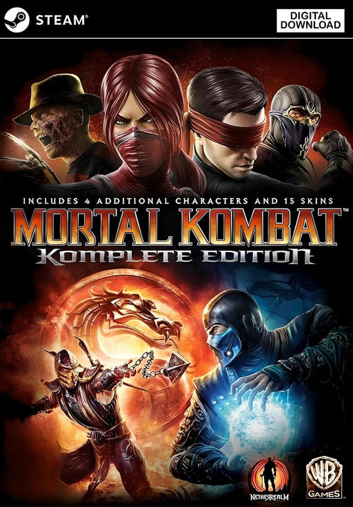 Cover art of Mortal Kombat Komplete Edition for PC on Steam, featuring iconic characters like Scorpion, Sub-Zero, and Freddy Krueger in intense combat poses. Includes 4 additional characters and 15 skins. Buy your Steam CD key now at RushGame.co and experience the ultimate fighting game edition.