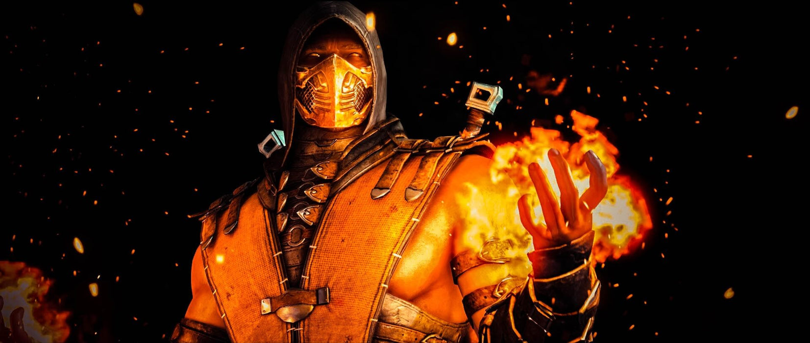 Mortal Kombat X Scorpion with Fireball - Scorpion igniting a fiery energy in his hand against a dark backdrop. This iconic character is ready to unleash his wrath in Mortal Kombat X for PC. Get your Steam key now at RushGame.co