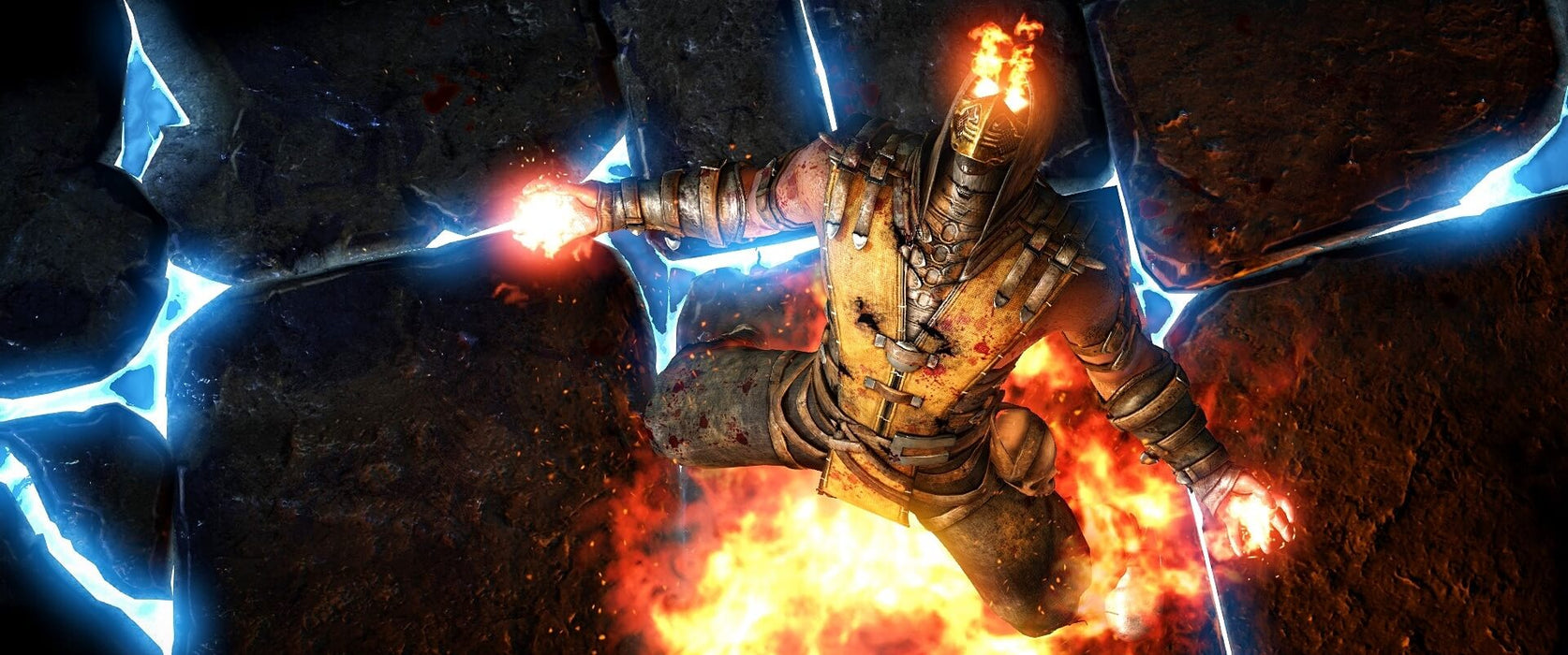 Mortal Kombat X Scorpion on Fire Screen - A dynamic image of Scorpion engulfed in flames as he prepares to attack. This fierce moment from Mortal Kombat X on Xbox showcases intense battle visuals. Buy your Mortal Kombat X Xbox one key at RushGame.co