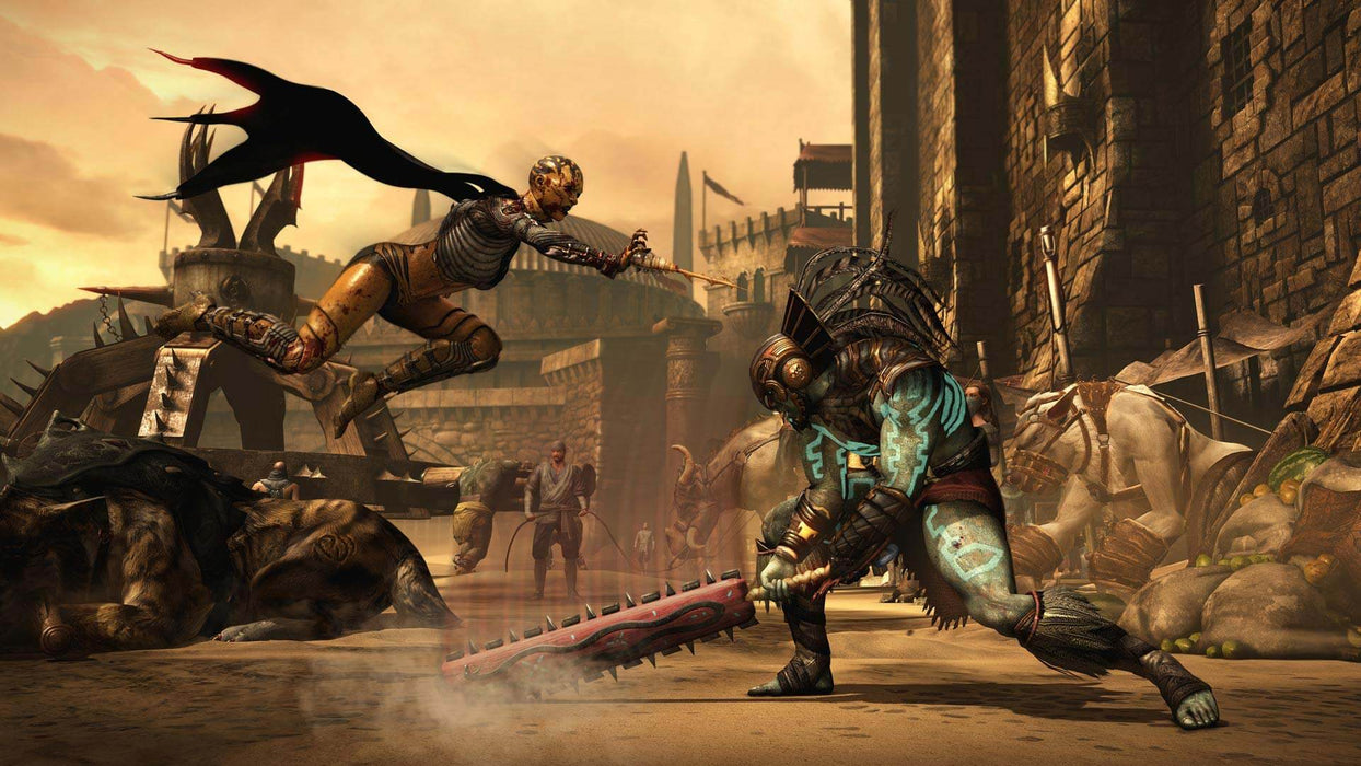 Mortal Kombat X Arena Battle Scene - A heated fight between Scorpion and Kotal Kahn in an ancient battlefield arena. This intense gameplay from Mortal Kombat X is a must for fighting game enthusiasts. Purchase your xbox key at RushGame.co