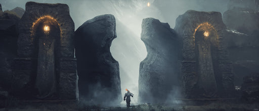 Steam Mortal Shell Gameplay Scene – A lone warrior approaches two towering stone statues with glowing heads, marking a mysterious entrance in Mortal Shell on PC Steam. Purchase your Mortal Shell PC game keys at RushGame.co today